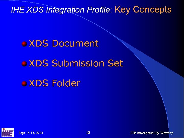 IHE XDS Integration Profile: Key Concepts XDS Document XDS Submission Set XDS Folder Sept