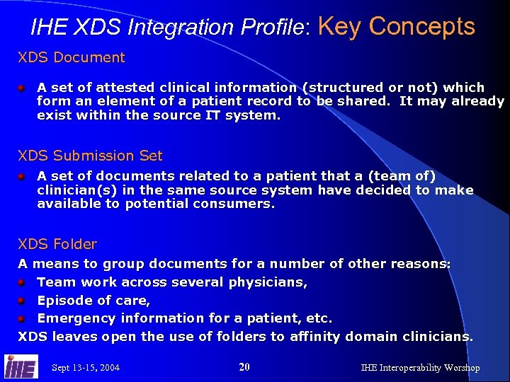 IHE XDS Integration Profile: Key Concepts XDS Document A set of attested clinical information