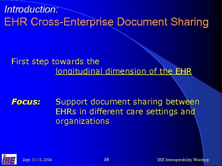Introduction: EHR Cross-Enterprise Document Sharing First step towards the longitudinal dimension of the EHR