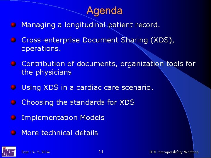 Agenda Managing a longitudinal patient record. Cross-enterprise Document Sharing (XDS), operations. Contribution of documents,