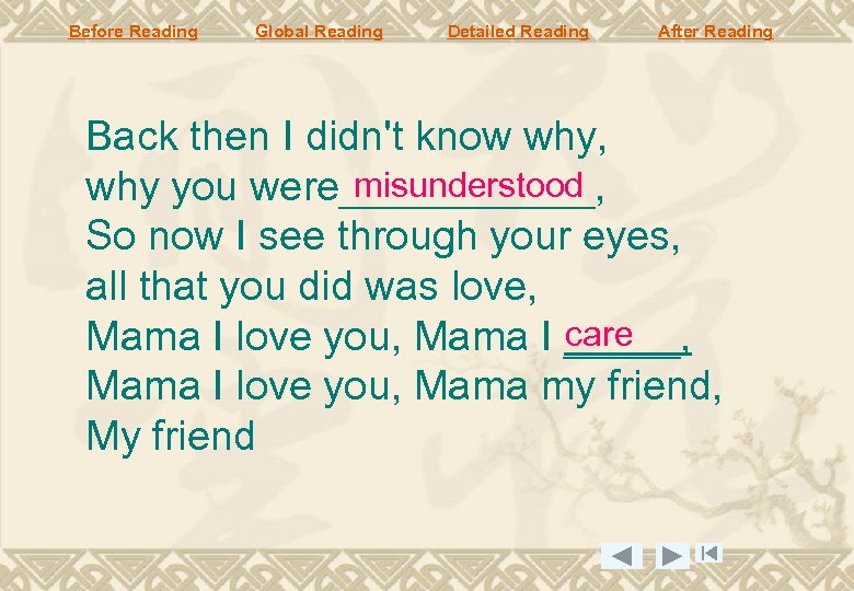 Before Reading Global Reading Detailed Reading After Reading Back then I didn't know why,