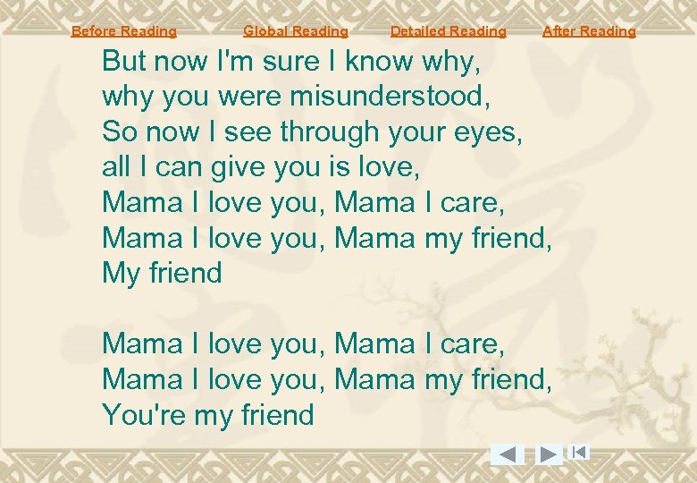 Before Reading Global Reading Detailed Reading After Reading But now I'm sure I know