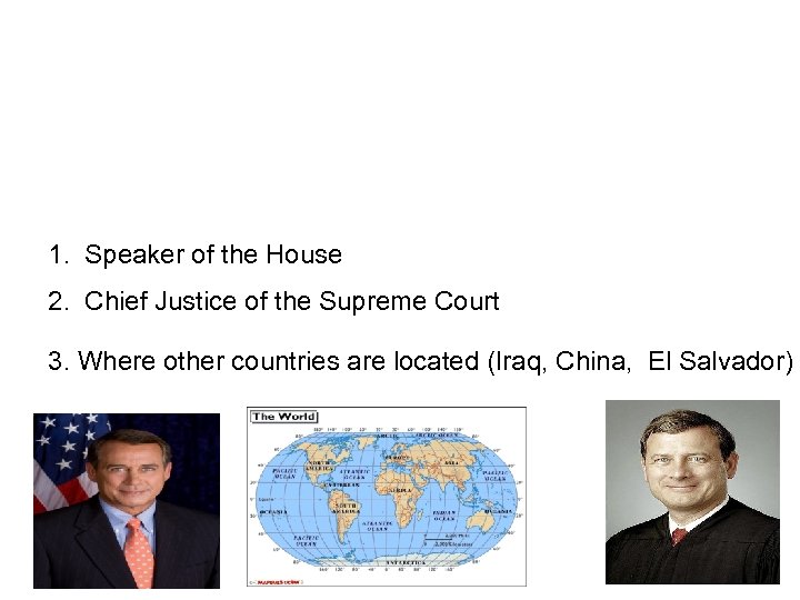 1. Speaker of the House 2. Chief Justice of the Supreme Court 3. Where