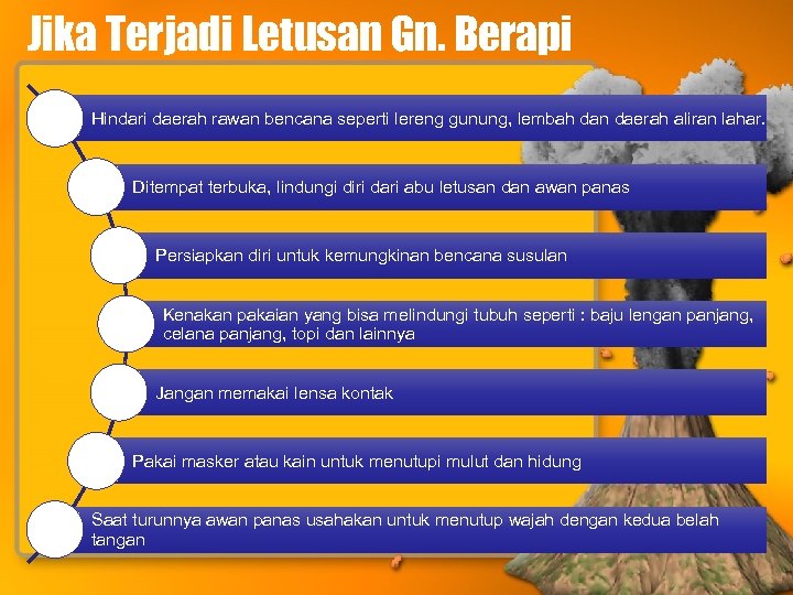 Jika Terjadi Letusan Gn. Berapi Hindari daerah rawan bencana seperti lereng gunung, lembah dan