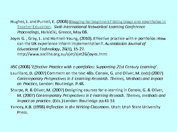 Hughes, J. and Purnell, E. (2008) Blogging for beginners? Using blogs and eportfolios in