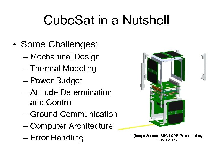 Cube. Sat in a Nutshell • Some Challenges: – Mechanical Design – Thermal Modeling