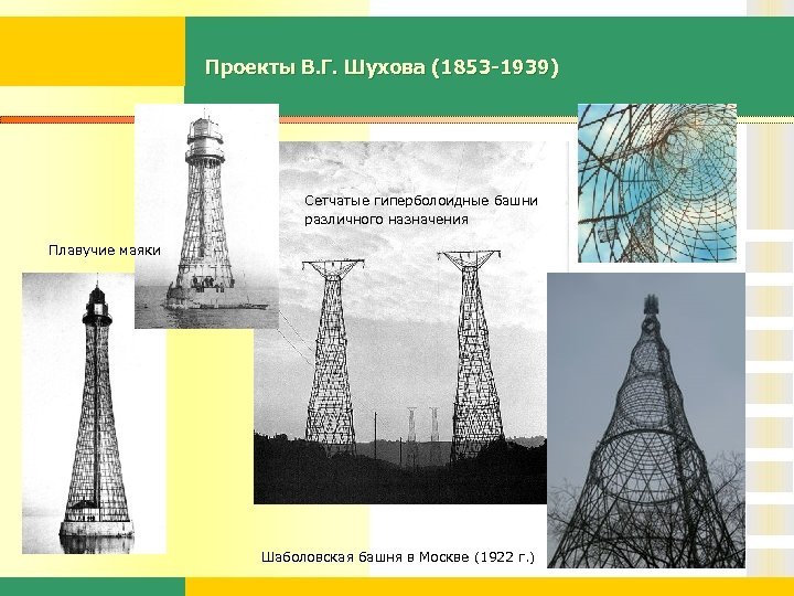 Проекты В. Г. Шухова (1853 -1939) Сетчатые гиперболоидные башни различного назначения Плавучие маяки Шаболовская