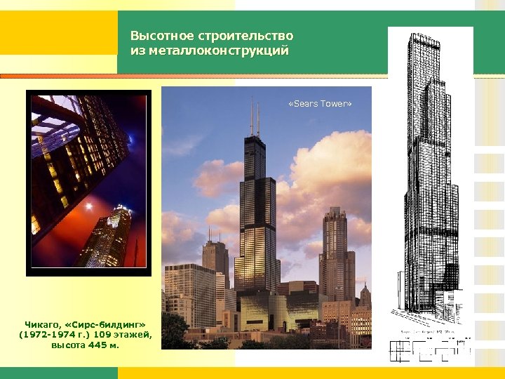 Высотное строительство из металлоконструкций «Sears Tower» Чикаго, «Сирс-билдинг» (1972 -1974 г. ) 109 этажей,