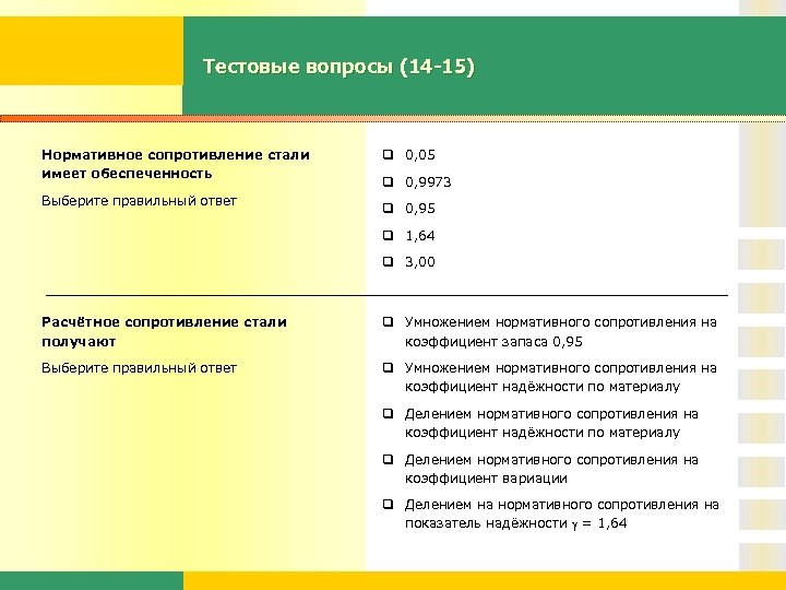 Тестовые вопросы (14 -15) Нормативное сопротивление стали имеет обеспеченность Выберите правильный ответ q 0,