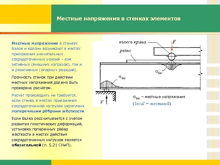 Местные напряжения в стенках элементов колесо крана Местные напряжения в стенках балок и колонн