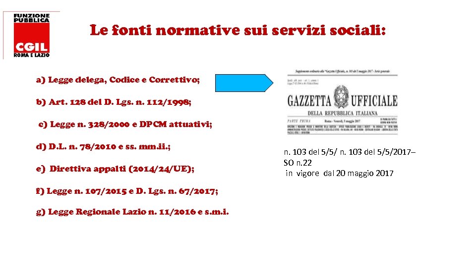 Le fonti normative sui servizi sociali: a) Legge delega, Codice e Correttivo; b) Art.