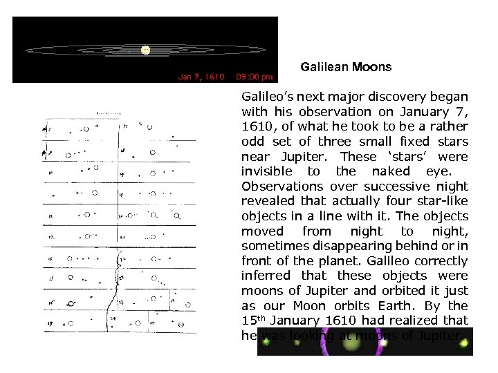 Galilean Moons Galileo’s next major discovery began with his observation on January 7, 1610,