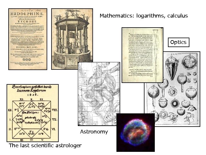 Mathematics: logarithms, calculus Optics Astronomy The last scientific astrologer 