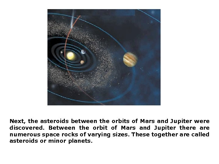 Next, the asteroids between the orbits of Mars and Jupiter were discovered. Between the