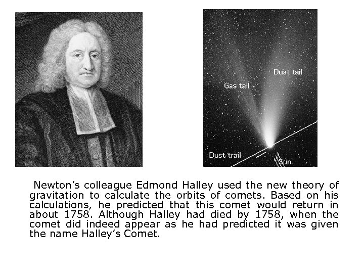 Newton’s colleague Edmond Halley used the new theory of gravitation to calculate the orbits