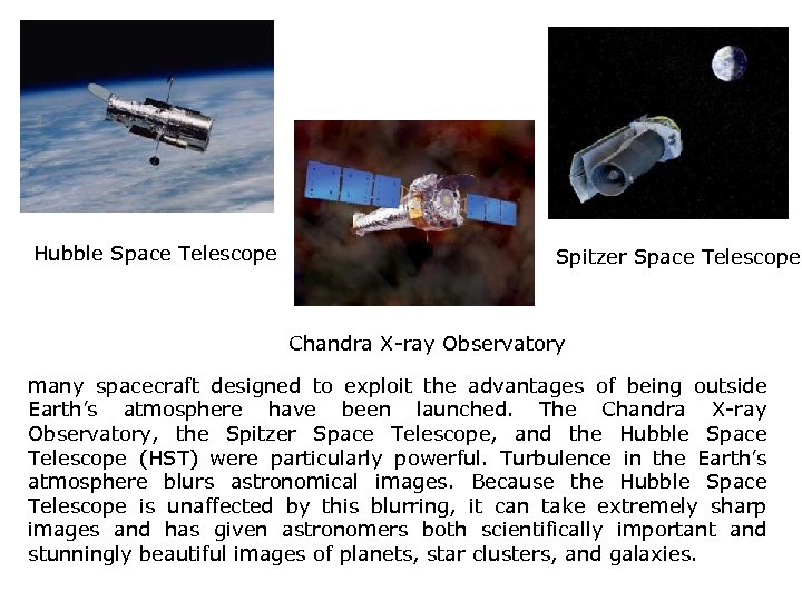 Hubble Space Telescope Spitzer Space Telescope Chandra X-ray Observatory many spacecraft designed to exploit