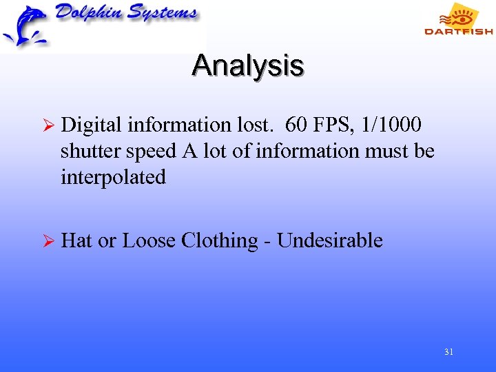 Analysis Ø Digital information lost. 60 FPS, 1/1000 shutter speed A lot of information