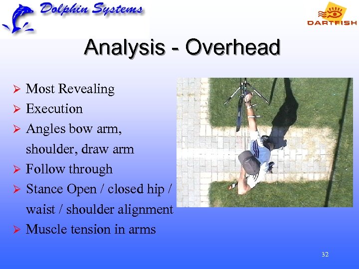 Analysis - Overhead Ø Ø Ø Most Revealing Execution Angles bow arm, shoulder, draw