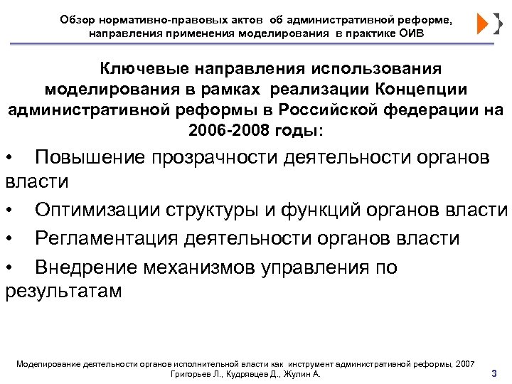 Обзор нормативно-правовых актов об административной реформе, направления применения моделирования в практике ОИВ Ключевые направления