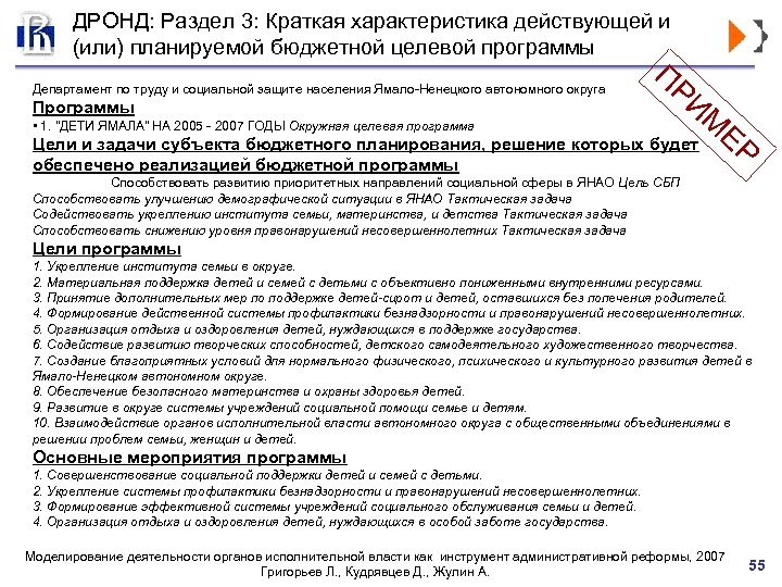 ДРОНД: Раздел 3: Краткая характеристика действующей и (или) планируемой бюджетной целевой программы Департамент по