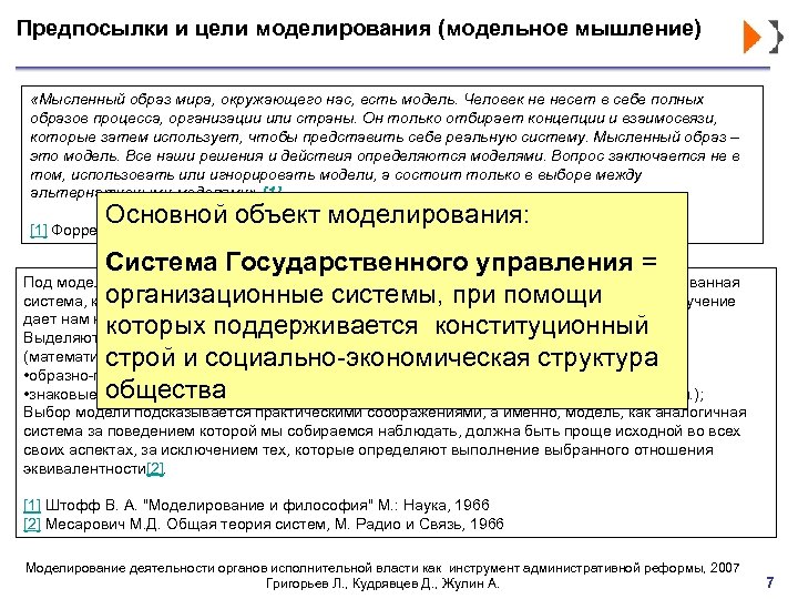 Предпосылки и цели моделирования (модельное мышление) «Мысленный образ мира, окружающего нас, есть модель. Человек