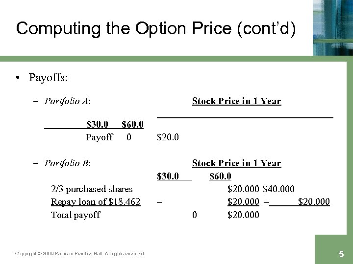 Computing the Option Price (cont’d) • Payoffs: – Portfolio A: $30. 0 $60. 0