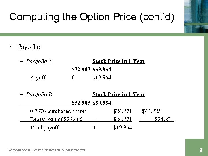 Computing the Option Price (cont’d) • Payoffs: – Portfolio A: Payoff Stock Price in