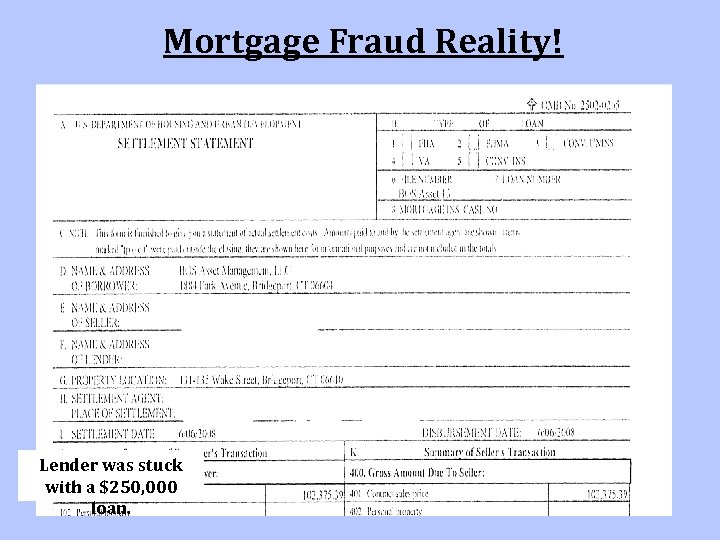 Mortgage Fraud Reality! Lender was stuck with a $250, 000 loan. 