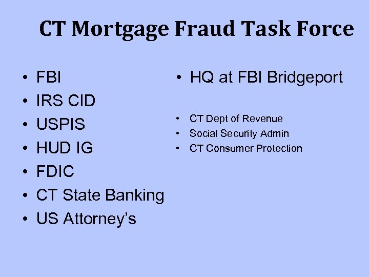 CT Mortgage Fraud Task Force • • FBI • HQ at FBI Bridgeport IRS