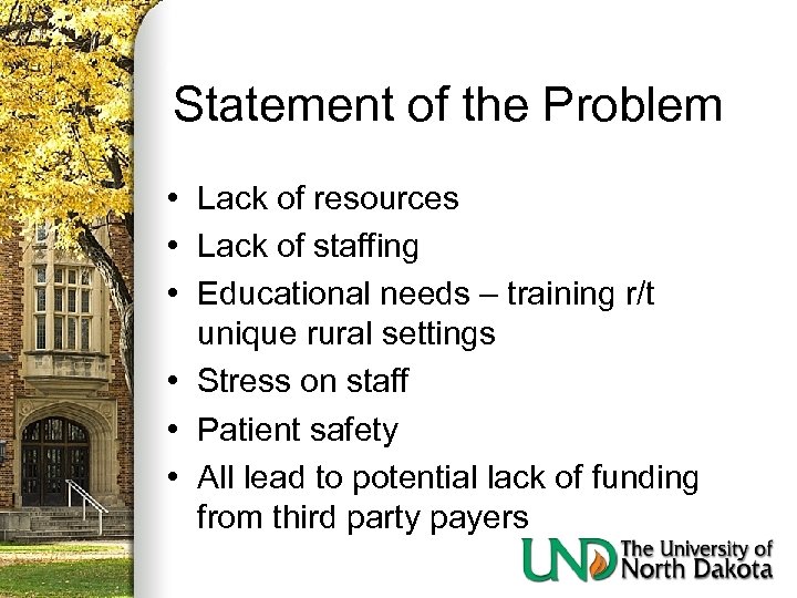 Statement of the Problem • Lack of resources • Lack of staffing • Educational