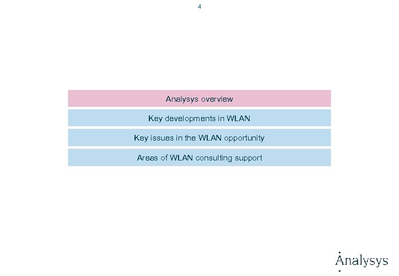 4 Analysys overview Key developments in WLAN Key issues in the WLAN opportunity Areas