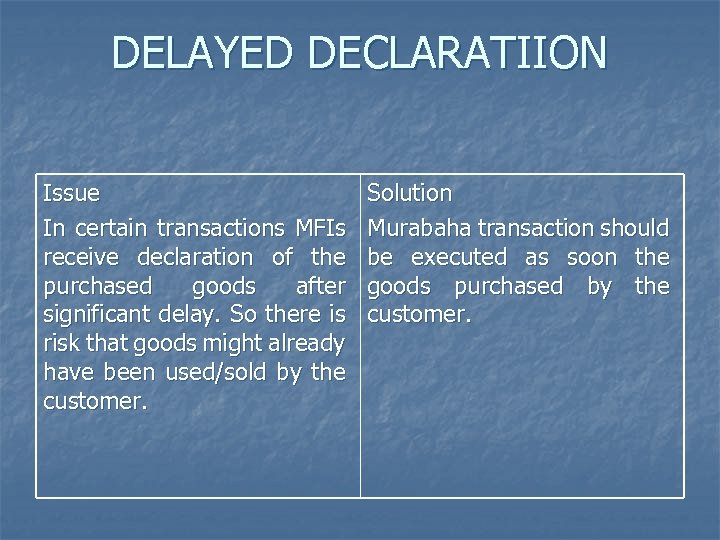 DELAYED DECLARATIION Issue In certain transactions MFIs receive declaration of the purchased goods after