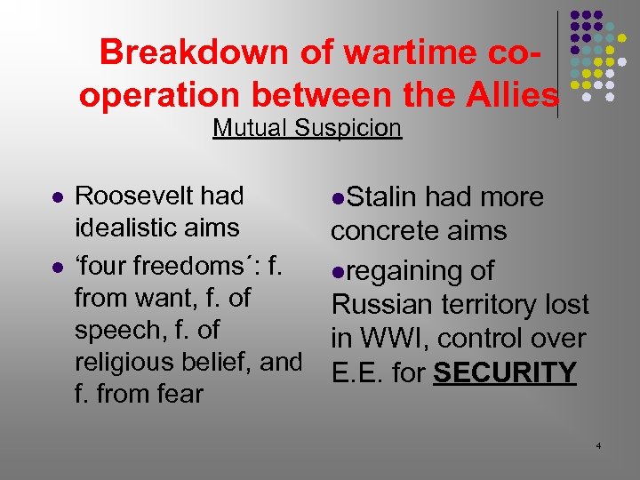 Breakdown of wartime cooperation between the Allies Mutual Suspicion l l Roosevelt had idealistic