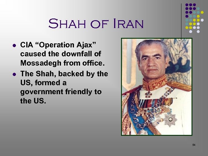 Shah of Iran l l CIA “Operation Ajax” caused the downfall of Mossadegh from