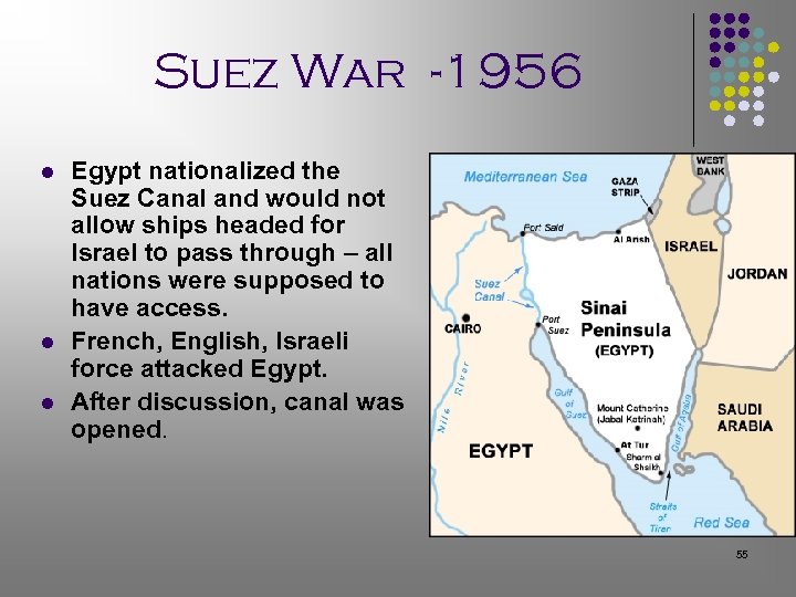 Suez War -1956 l l l Egypt nationalized the Suez Canal and would not