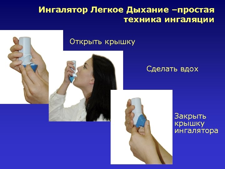 Ингалятор Легкое Дыхание –простая техника ингаляции Открыть крышку Сделать вдох Закрыть крышку ингалятора 