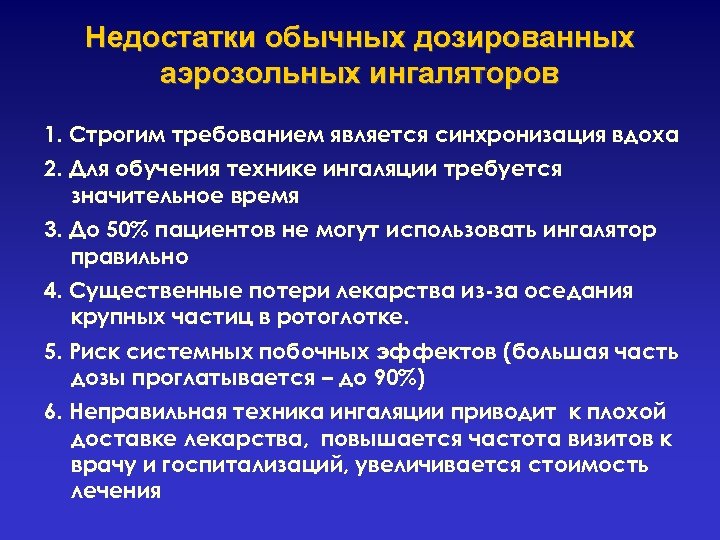 Недостатки обычных дозированных аэрозольных ингаляторов 1. Строгим требованием является синхронизация вдоха 2. Для обучения