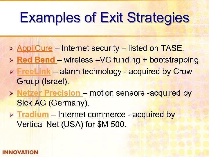 Examples of Exit Strategies Ø Ø Ø Appli. Cure – Internet security – listed