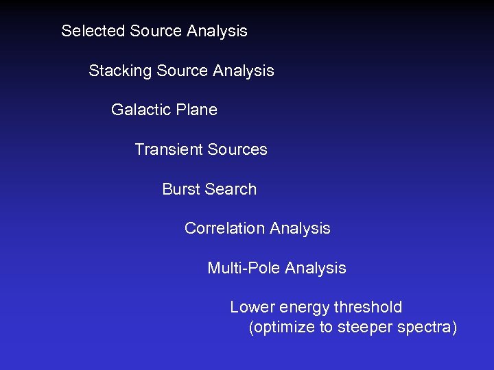 Selected Source Analysis Stacking Source Analysis Galactic Plane Transient Sources Burst Search Correlation Analysis