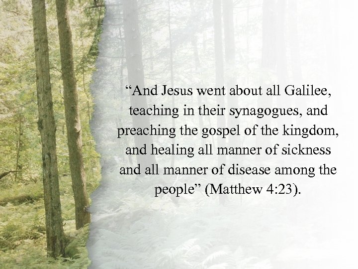 Matthew 4: 23 “And Jesus went about all Galilee, teaching in their synagogues, and