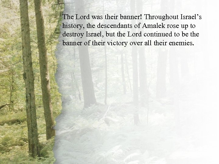 The Lord was their banner! Throughout Israel’s history, the descendants of Amalek rose up