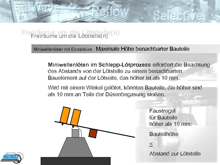 Freiräume um die Lötstelle(n) Freiräume um Miniwellenlöten mit Einzeldüse: Maximale Höhe benachbarter Bauteile Miniwellenlöten