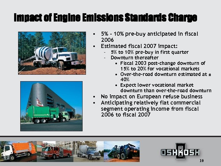 Impact of Engine Emissions Standards Charge • 5% - 10% pre-buy anticipated in fiscal