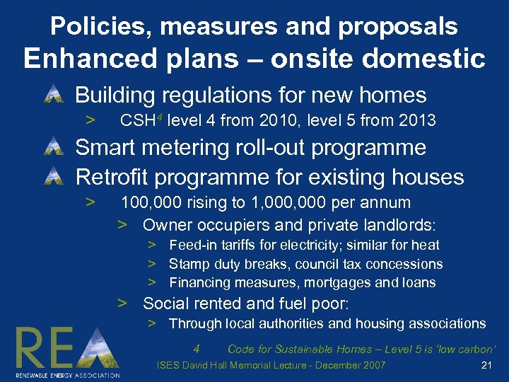 Policies, measures and proposals Enhanced plans – onsite domestic Building regulations for new homes