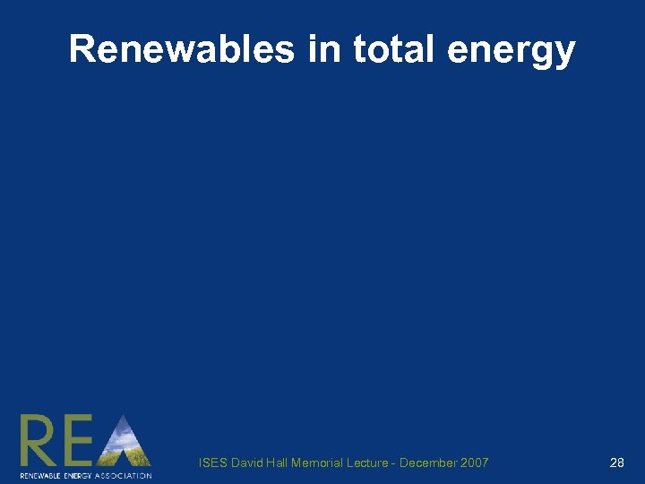 Renewables in total energy ISES David Hall Memorial Lecture - December 2007 28 