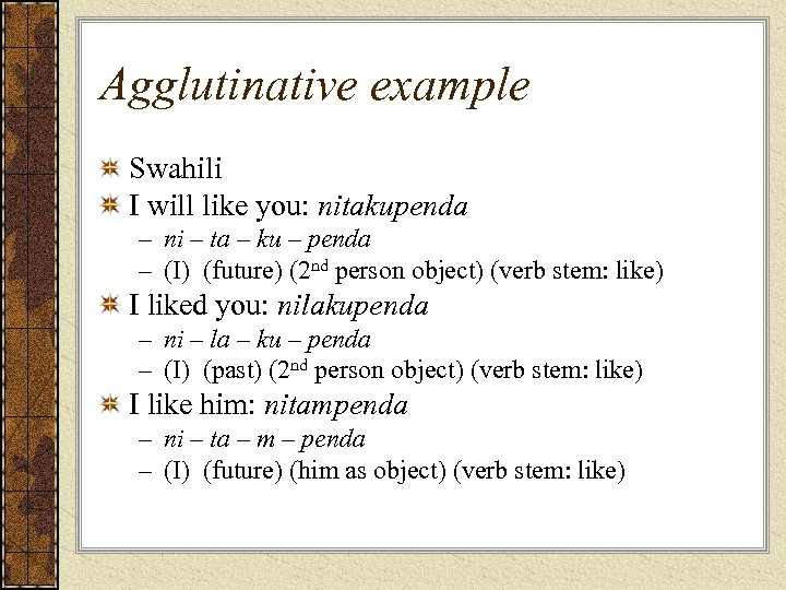 Agglutinative example Swahili I will like you: nitakupenda – ni – ta – ku