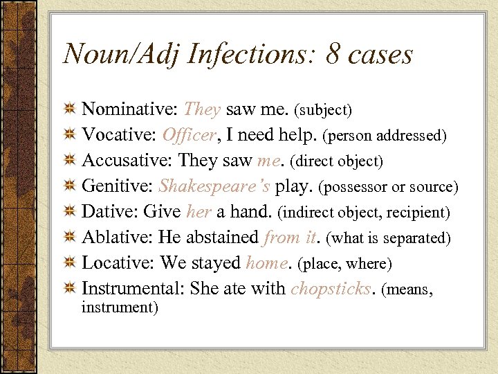 Noun/Adj Infections: 8 cases Nominative: They saw me. (subject) Vocative: Officer, I need help.