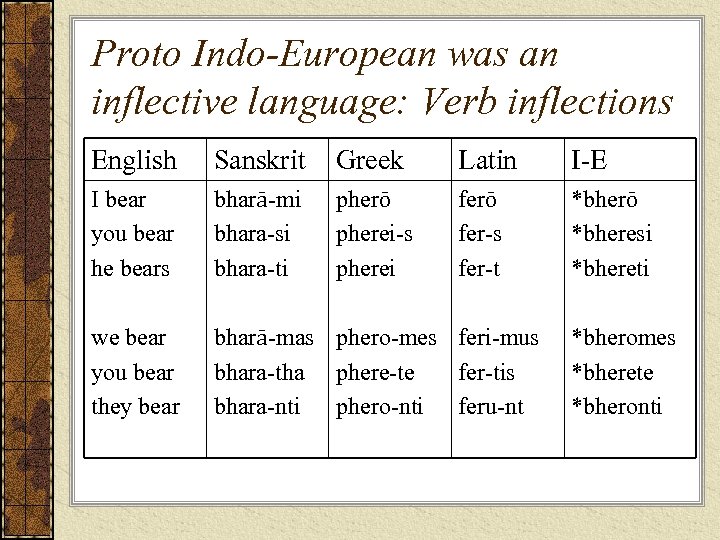 Proto Indo-European was an inflective language: Verb inflections English Sanskrit Greek Latin I-E I