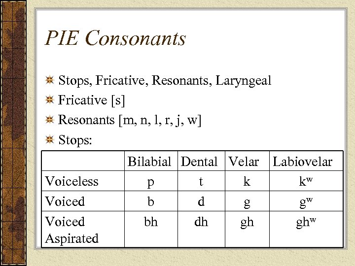 PIE Consonants Stops, Fricative, Resonants, Laryngeal Fricative [s] Resonants [m, n, l, r, j,