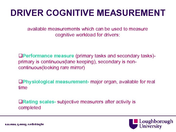 DRIVER COGNITIVE MEASUREMENT available measurements which can be used to measure cognitive workload for